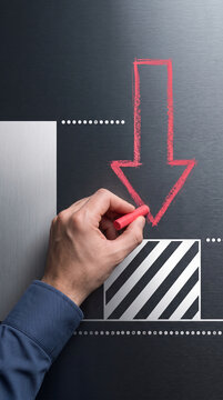 Hand drawing a red arrow downwards on a textured surface, symbolizing decline, reduction, or a downward trend in business or finance