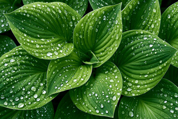 Obraz premium High Angle Close Up Macro Shot of Lush Green Hosta Plant Leaves Covered with Clear Fresh Raindrops Water Dew Droplets in Garden Nature