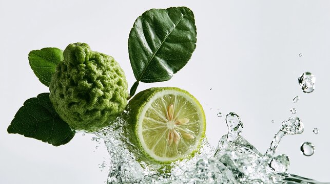 Fresh Bergamot Citrus Fruit Splashing in Water with Leaves, Isolated on White Background