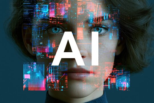 Futuristic AI concept with human face and digital data overlay, representing artificial intelligence and technology