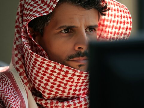 Focused Middle Eastern Man Wearing Traditional Keffiyeh Gazing Intently at Computer Screen