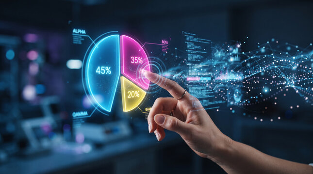 Hand interacting with a futuristic holographic pie chart and data visualization, representing analytics and strategic planning