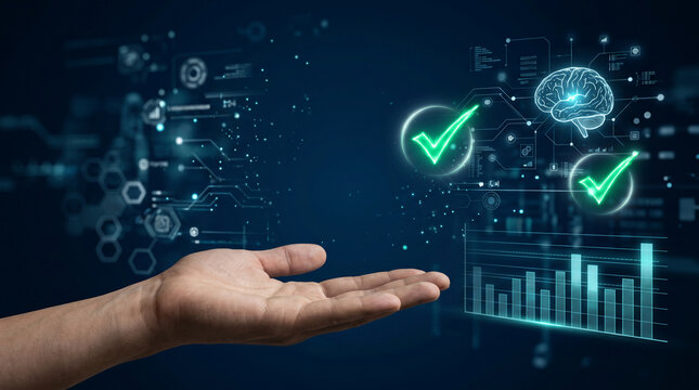Human hand interacting with futuristic digital interface showing brain, charts, and checkmarks, symbolizing data analysis, innovation, and success.