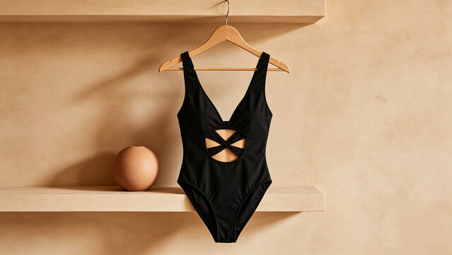 Black cutout monokini on wooden hanger with ceramic sphere, minimalist swimwear fashion concept