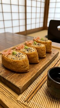 Artistic Presentation of Inari Sushi on a Rustic Wooden Board with Soy Sauce Cup and Bamboo Mat &mdash; Four golden-brown Inari sushi pockets are arranged diagonally on a weathered wooden serving board; eac
