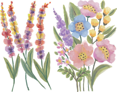 Watercolor Floral Bouquet and Lavender Stalks Illustration