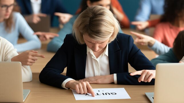 Businesswoman feeling isolated and accused by colleagues pointing fingers in a stressful office environment, writing 'Guilty' on paper.