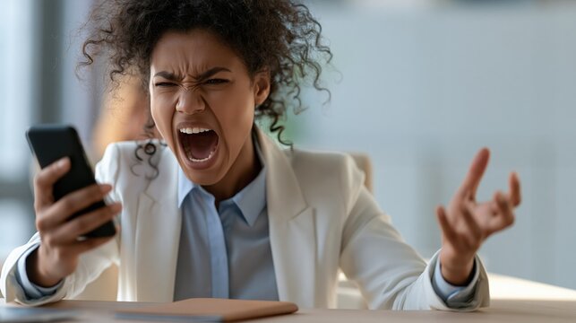 Frustrated businesswoman shouting at phone in office, experiencing stress and anger during a difficult conversation.