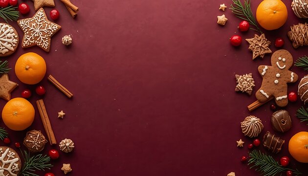 Gingerbread cookies citrus fruits festive spices winter holiday background red.