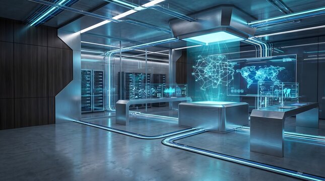 Futuristic Data Center with Digital Holograms and Advanced Technology