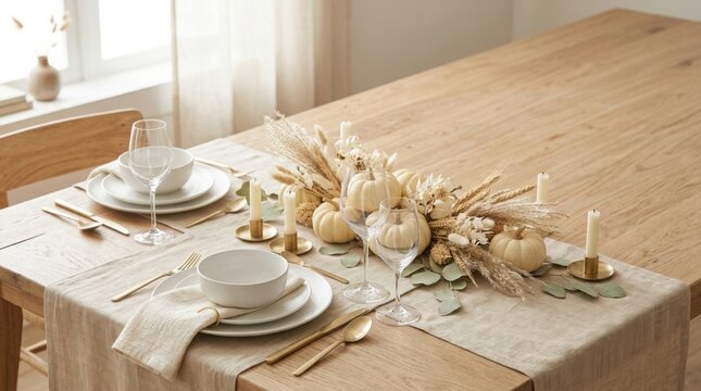 Thanksgiving table setting with roasted turkey centerpiece