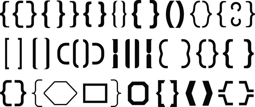 Minimalist bracket symbol set featuring diverse bracket shapes, punctuation marks, mathematical signs, coding elements, typography symbols and clean editable vector illustrations.