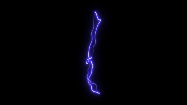 Glowing neon outline map of chile, animated blue light silhouette on black background, for travel and, geography projects