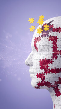 A human head formed of puzzle pieces, some missing or yellow, symbolizing intellect, connection, and fragmented thought with glowing light effect