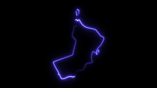 Glowing neon outline map of oman, animated digital border, middle east geography concept, isolated on black background