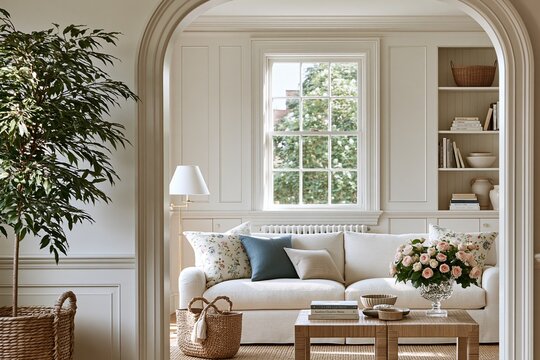Elegant and bright living room with comfortable sofa, coffee table, and natural light, evoking a serene home atmosphere
