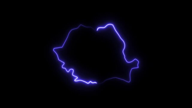 Glowing neon outline map of romania, animated blue light border on black background