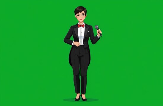 Female presenter in elegant tuxedo holding microphone on green screen background.