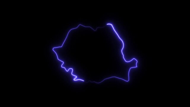 Glowing neon outline map of romania, abstract digital border animation on black background