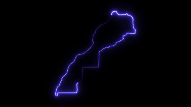 Morocco map outline neon glowing animation, digital geography concept, minimalist blue light border on black background