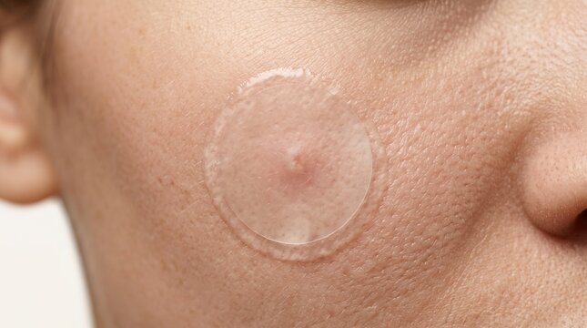 Close up of an invisible hydrocolloid pimple patch on a red acne spot, facial skin care treatment.