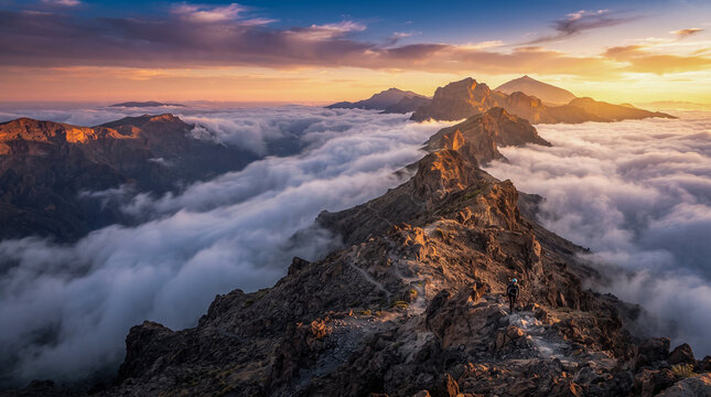 Cresta monta&ntilde;osa escarpada sobre un mar de nubes al amanecer, con picos alpinos y rayos de sol dorados en un paisaje &eacute;pico.