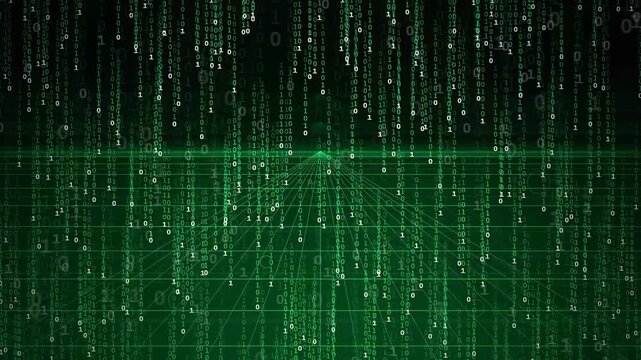 Abstract green binary code raining over a digital grid landscape for technology and data concepts