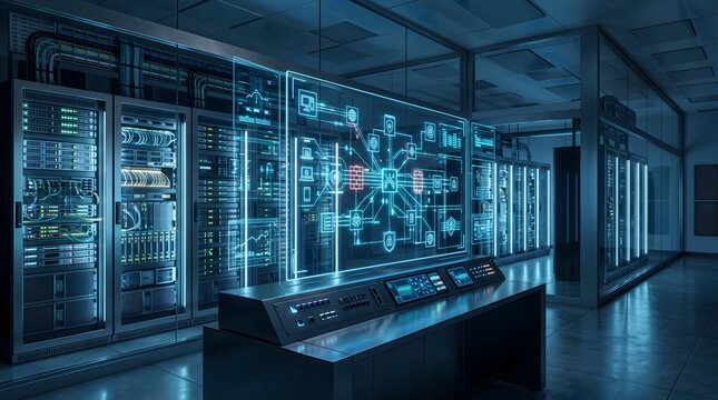 Futuristic Data Center with Digital Technology and Server Racks