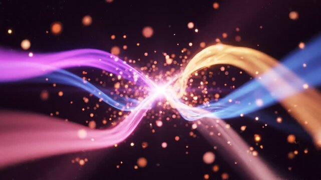 Abstract colorful light trails crossing and swirling around glowing particles on dark background cinematic motion background.