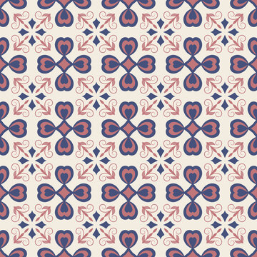 Modern geometric seamless pattern with peach heart ornaments and navy blue details on cream background. Art deco style vector tile for fashion textile print, romantic wallpaper, home decorG