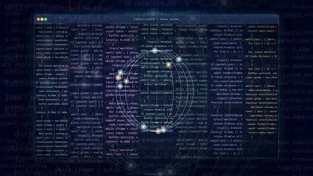 Abstract digital data visualization with glowing network nodes and scrolling computer code on dark background