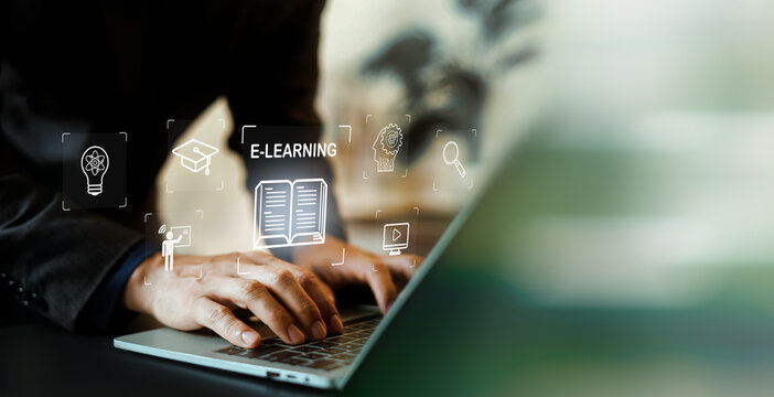 Person typing on laptop with digital E-learning and online education interface icons. Concept of modern digital training, skill development, remote education, and knowledge innovation.