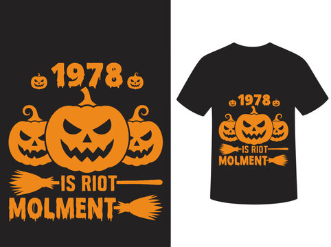 Retro 1978 Halloween Pumpkin T-Shirt Design with Jack-O'-Lanterns and Witch Brooms