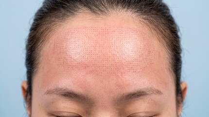 Fototapeta premium Close up of a woman's forehead showing a grid of red dots after a fractional laser or microneedling treatment.