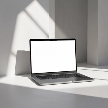 Unbranded modern silver laptop with blank white screen displayed in a sophisticated beige and ivory interior, sculptural architectural surfaces, soft sunlight casting dramatic triangular shadows, beig