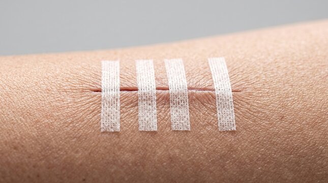 Close up of surgical incision on skin closed with steri-strips or butterfly bandages, post-surgery care