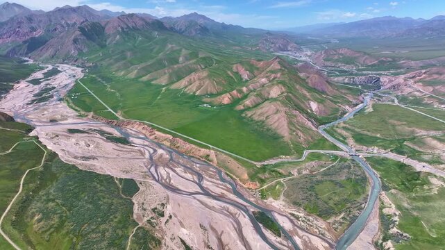 Aerial View of Braided River Valley in Qilian Mountain National Park, China
