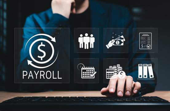 Payroll Management and Salary Processing System. Businesswoman calculates payroll, with icons representing employee salaries management, payment scheduling, efficient payroll, financial documentation,