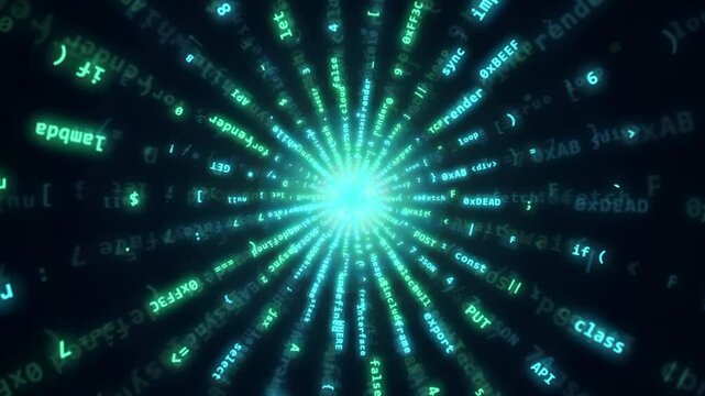 Abstract digital data stream with glowing blue code lines moving fast toward the camera