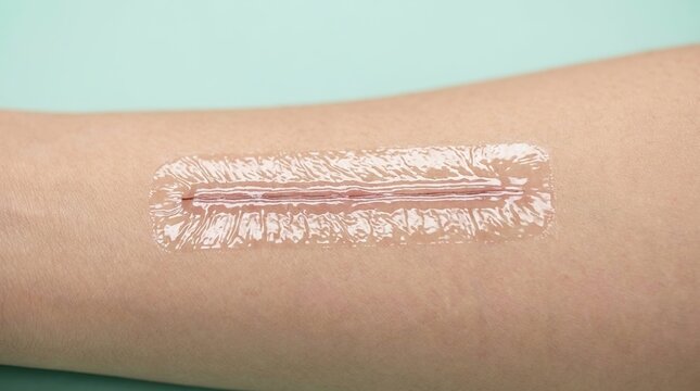 Long surgical incision sealed with clear medical skin glue on arm
