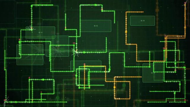 Abstract digital circuit board animation with glowing green and orange data lines on dark background