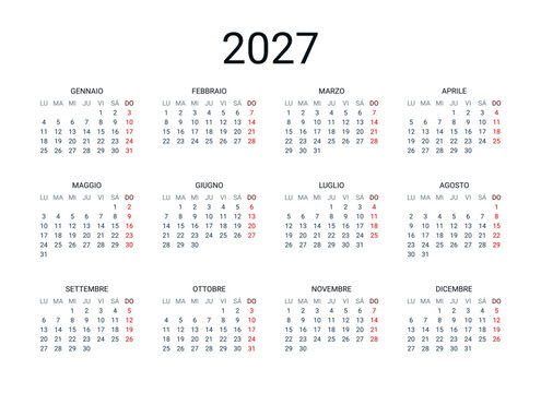 2027 year Italian calendar in Italian language. Classical, minimalistic, simple design. White background. Vector Illustration.