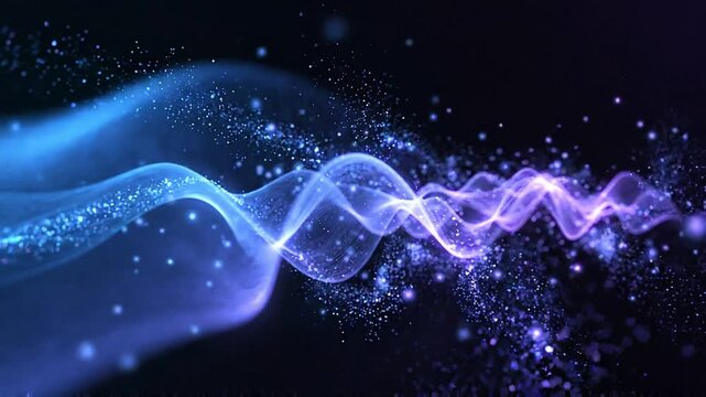 Dynamic abstract blue and purple wave energy particles flowing through dark space, cinematic motion graphic background for technology or science concepts.