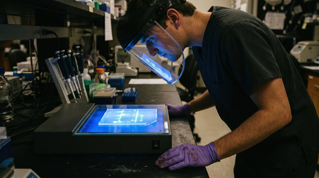Scientist examining gel electrophoresis results under blue light