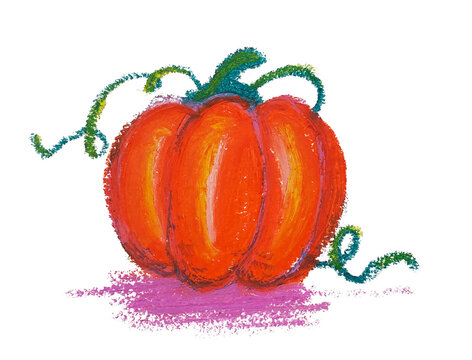 Hand-drawn orange pumpkin illustration with colorful oil pastel texture, autumn and Halloween botanical artwork, Illustration de citrouille orange dessin&eacute;e &agrave; la main au pastel, texture color&eacute;e