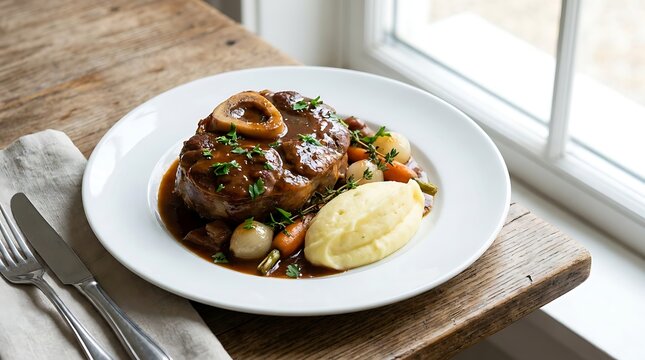Delicious osso buco veal shank served with creamy mashed potato on a white plate near a bright window. veal osso bucco