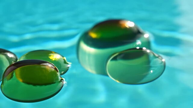 Transparent droplets slide across rippling turquoise water surface with reflective highlights, smooth rounded forms, abstract aquatic texture, and bright lighting creating minimal close composition