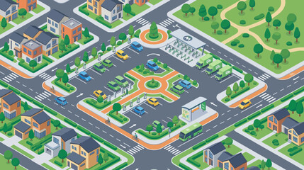 Fototapeta premium Isometric Cityscape: Modern Neighborhood with Parking Lot, Bus Stop, and Green Spaces