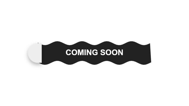 Black Coming Soon label, wavy sign stick, white background, notification badge, announcement tag, retail sale banner, product teaser text, minimal graphic design