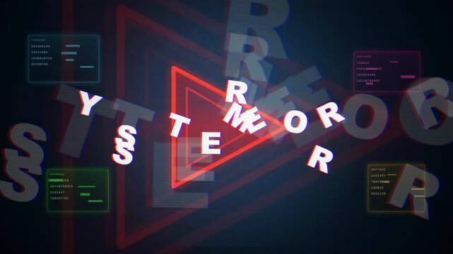 Digital system error glitch animation with red neon triangle and distorted technical data text